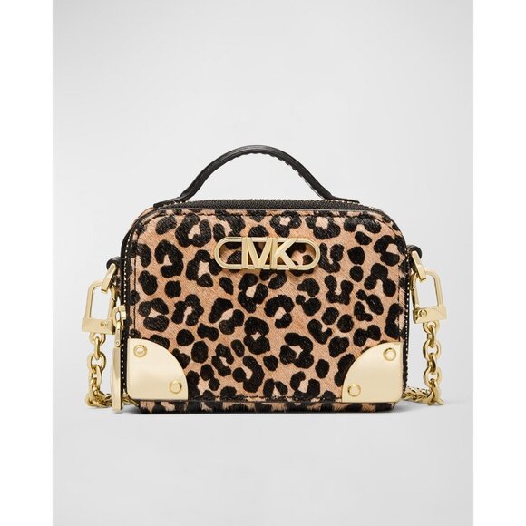 Michael Michael Kors Estelle Micro Trunk Crossbody Leopard Print Tan/ Black - Picture 1 of 14